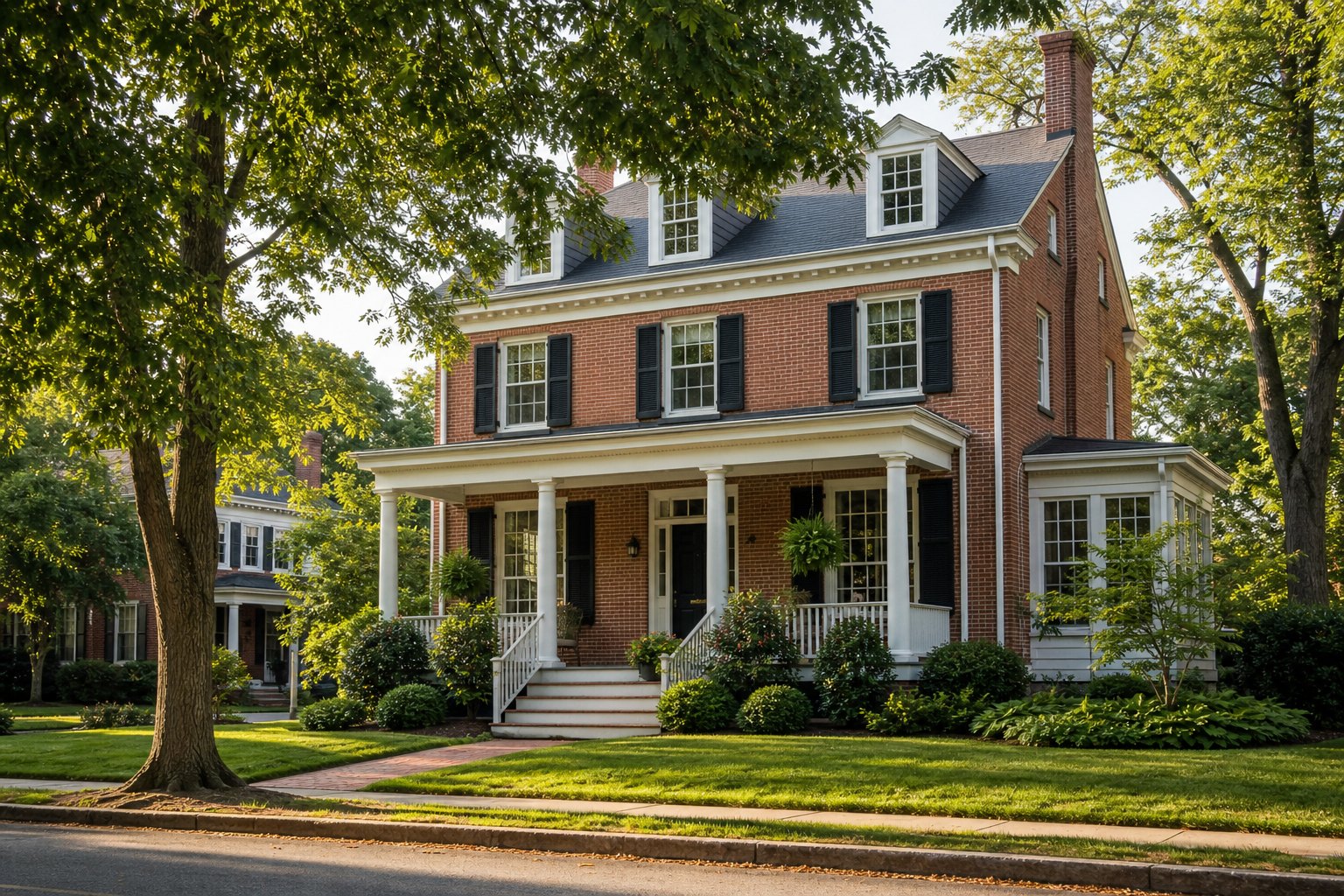 Brick colonial home on a tree lined Northern Virginia street
