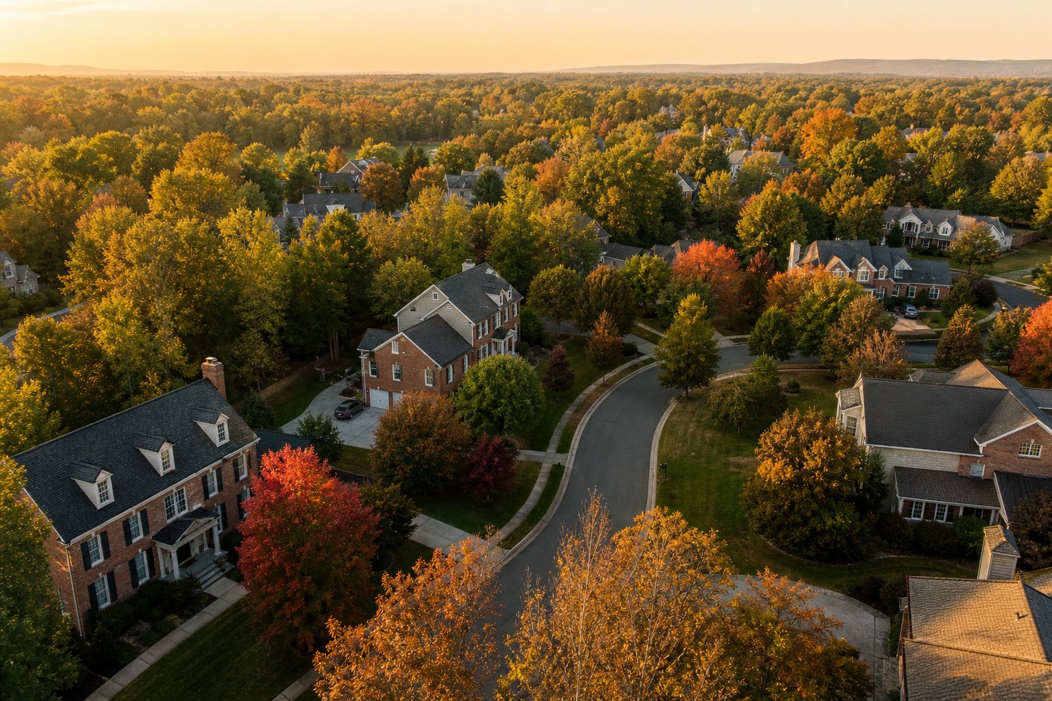 A Northern Virginia neighborhood of brick colonial homes at golden hour