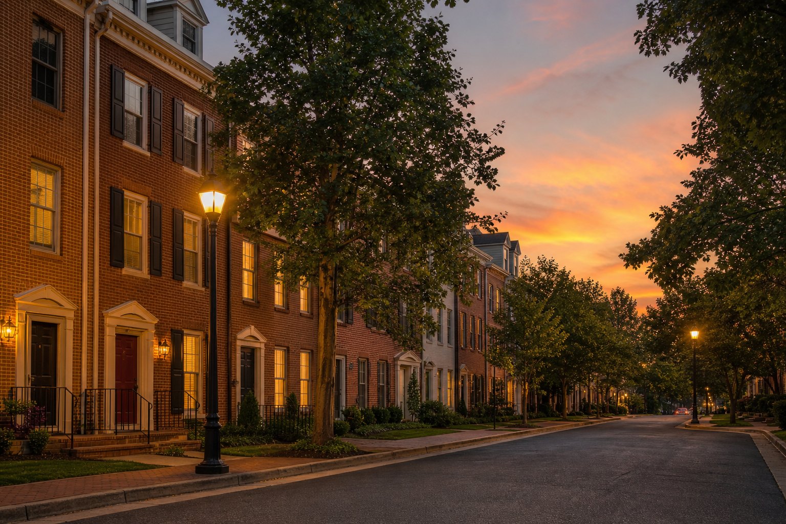 Tree lined Northern Virginia neighborhood at sunset
